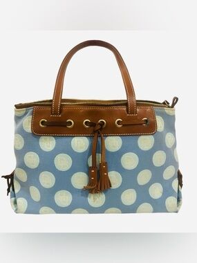 Dooney & Bourke Blue Polka Dot Canvas Tote with Brown Leather Trim